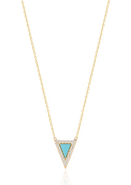 Zirkon Taşlı Pırlanta Montür Altın Kaplama Ortası Turkuaz Sedef Taşlı Küçük Üçgen Gümüş Kolye