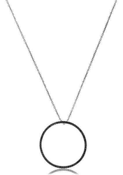 Siyah Taşlı Pırlanta Montür Rodium Kaplama 32 mm Yuvarlak Gümüş Kolye