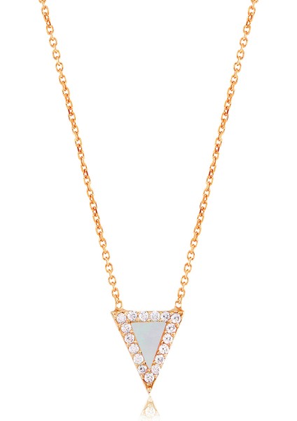 Zirkon Taşlı Pırlanta Montür Rose Altın Kaplama Ortası Siyah Sedef Taşlı Küçük Üçgen Gümüş Kolye