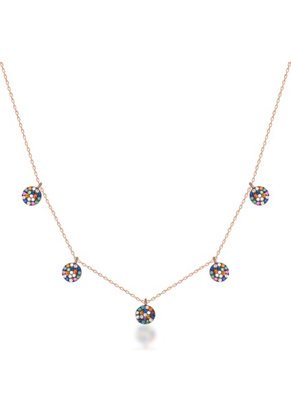 Rose Altın Kaplama Renkli Taşlı Yuvarlak Gümüş Kolye