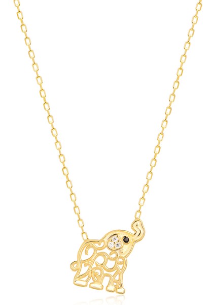 Fil Motifli Zirkon Taşlı Gold Kaplama Gümüş Kolye