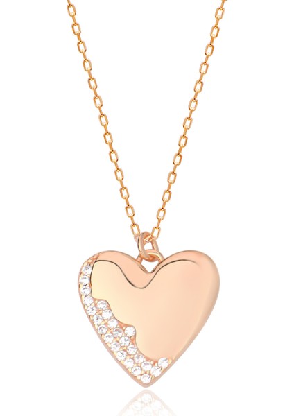 Zirkon Taşlı Rose Altın Kaplama Kalp Gümüş Kolye