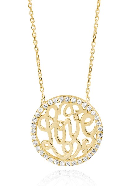 Silver 925 Ayar Zirkon Taşlı Yuvarlak Love Desenli Kolye