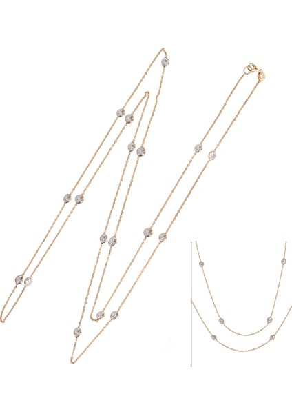 Silver 925 Ayar Zirkon Taşlı Fancy Uzun Desenli Kolye 75 cm