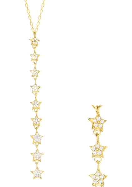 Zirkon Taşklı Pırlanta Montür Altın Kaplama Dokuz Yıldızlı Gümüş Kolye