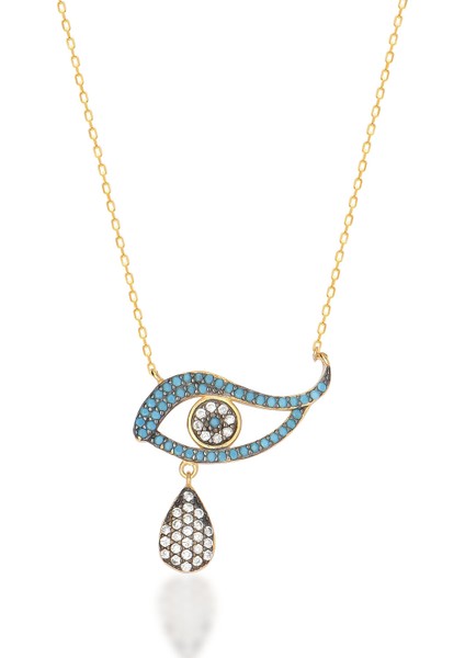 Zirkon Taşlı Pırlanta Montür Göz Sallantılı Damla Altın Kaplama Gümüş Kolye