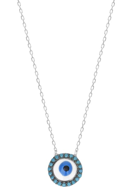 Turkuaz Taşlı Pırlanta Montür Gümüş Renkli Ortası Mineli Göz Desenli Gümüş Kolye