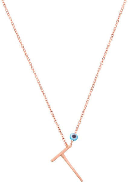 Taşsız Nazar Boncuklu T Harfi Rose Kaplama Gümüş Kolye