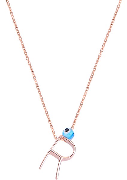 Taşsız Nazar Boncuklu R Harfi Rose Kaplama Gümüş Kolye