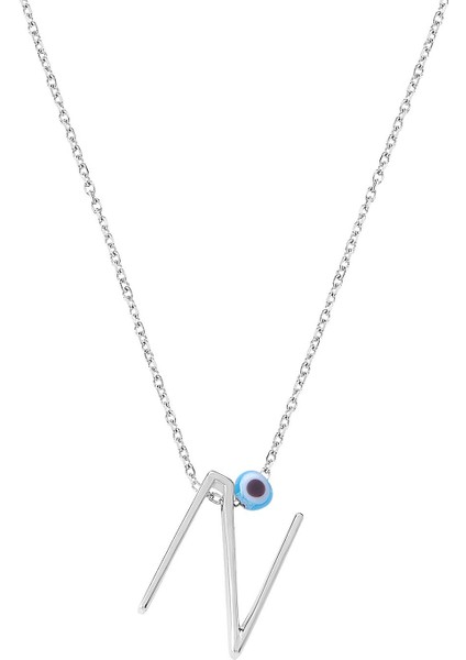 Taşsız Nazar Boncuklu N Harfi Gümüş Rengi Gümüş Kolye