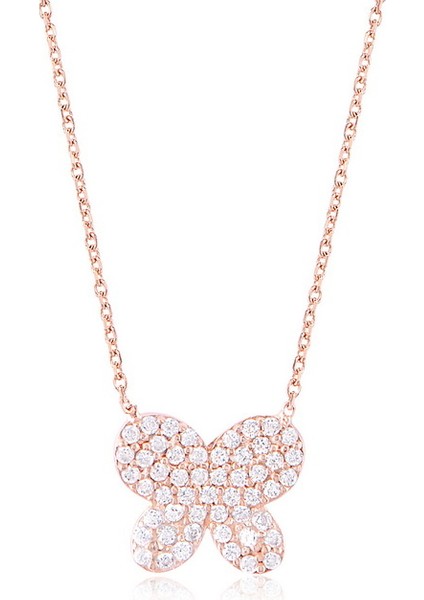 Zirkon Taşlı Pırlanta Montür Rose Altın Kaplama Gümüş Kelebek Kolye