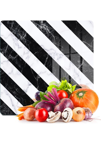 Cam Kesme Tahtası ve Sunumluk Kare Çarpraz Siyah Beyaz Mermer Desenli 30X30 cm