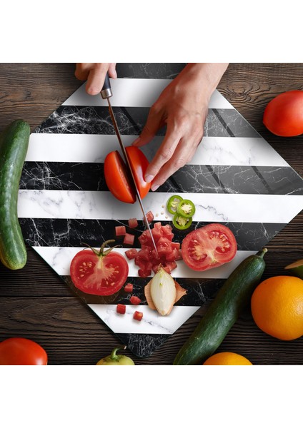 Cam Kesme Tahtası ve Sunumluk Kare Çarpraz Siyah Beyaz Mermer Desenli 30X30 cm fırsatları
