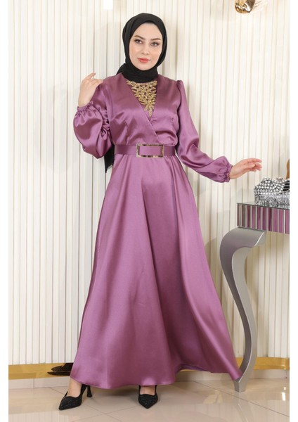 Taş Detaylı Saten Abiye Gül Kurusu MSW19901-5