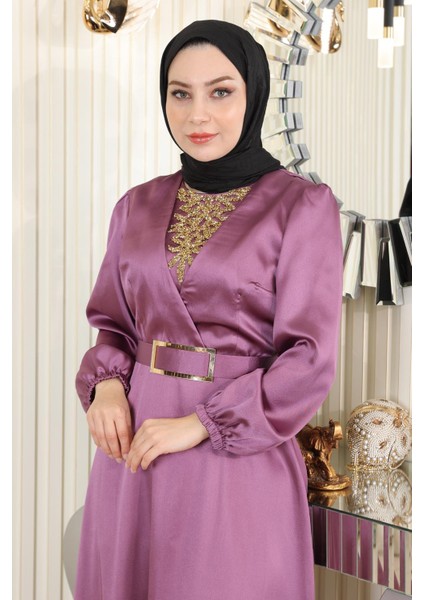 Taş Detaylı Saten Abiye Gül Kurusu MSW19901-5 fiyatları