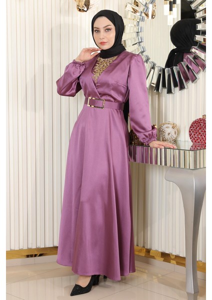 Taş Detaylı Saten Abiye Gül Kurusu MSW19901-5 modelleri