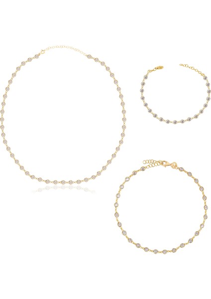 Pırlanta Montür Altın Kaplama 3 Lü Tam Tur Zirkon Taşlı Gümüş Set