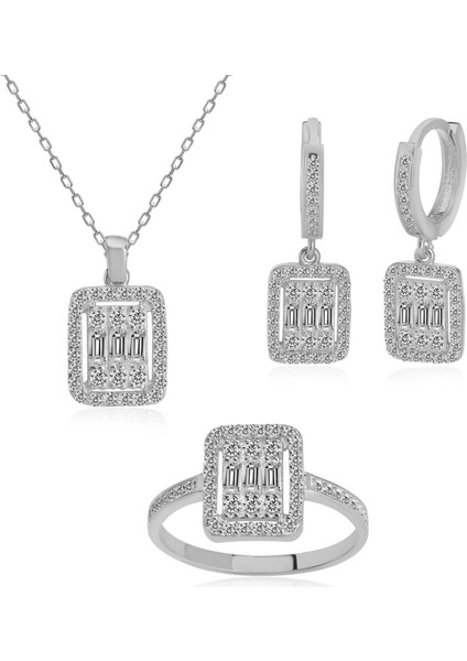 Baget Taşlı Rodyum Kaplama Üçlü Gümüş Set