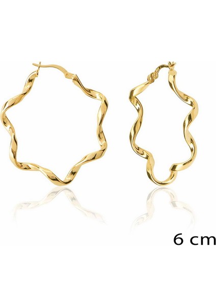 Altın Kaplama Kıvrık Desenli Büyük Halka Gümüş Küpe