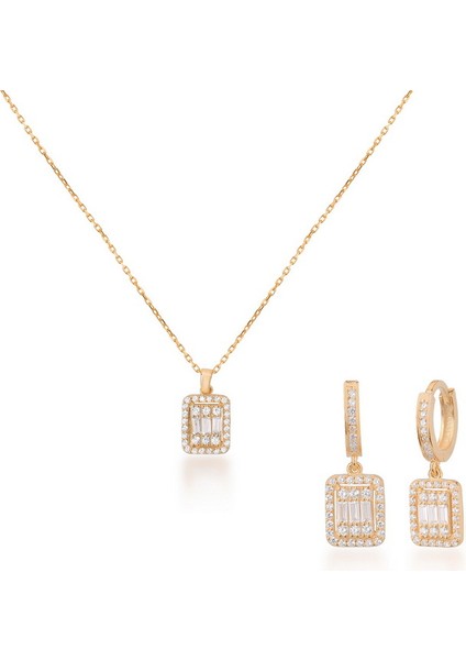 Baget Taşlı Altın Kaplama İkili Gümüş Set