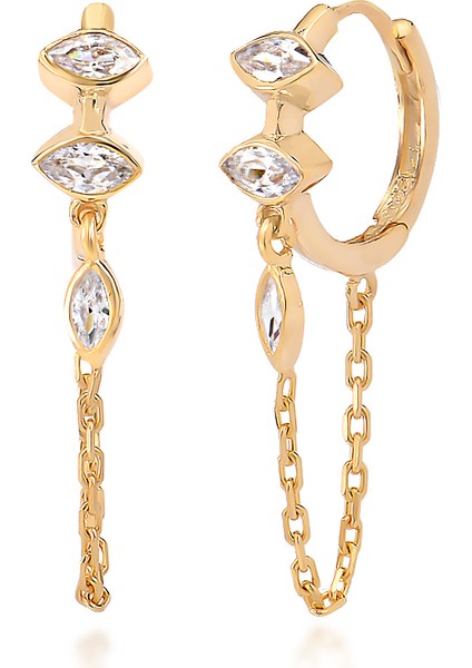 Zirkon Taşlı Pırlanta Montür Altın Kaplama Sallantılı Zincirli Gümüş Halka Küpe