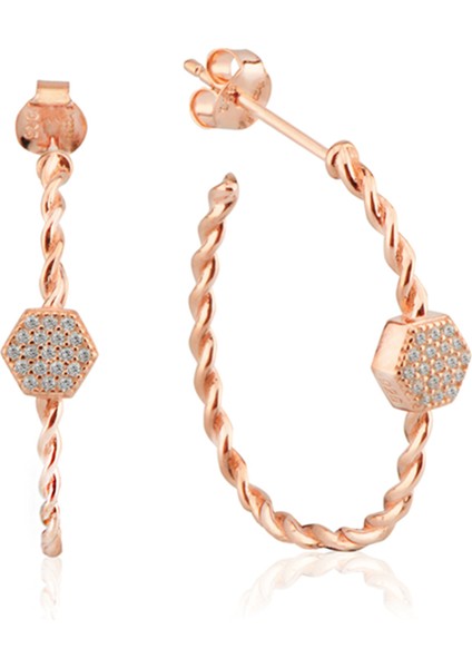 Silver 925 Ayar Zirkon Taşlı Burgulu Yuvarlak Desenli Küpe