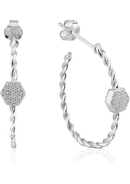 Silver 925 Ayar Zirkon Taşlı Burgulu Yuvarlak Desenli Küpe