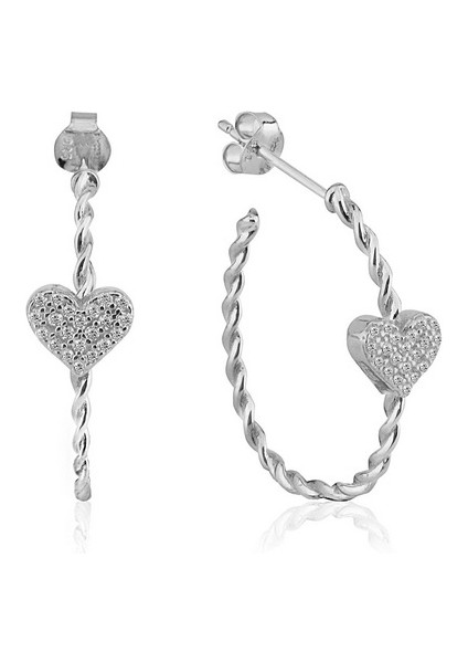 Silver 925 Ayar Zirkon Taşlı Burgulu Kalp Desenli Küpe