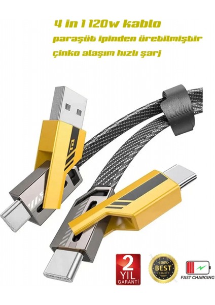 4in1 Pd 65 Watt Type-C/27 Watt iPhone Halat Örgü Kırılmaz Uç 1mt Hızlı Şarj ve Data Kablosu FP98