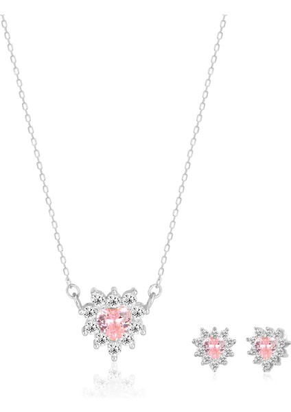 Pırlanta Montür Pembe Taşlı Kalp Desenli İkili Gümüş Set