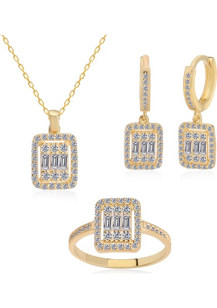 Baget Taşlı Altın Kaplama Üçlü Gümüş Set