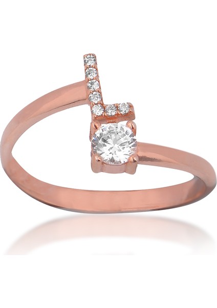 Zirkon Taşlı Pırlanta Montür Rose Altın Kaplama L Harfli Gümüş Yüzük