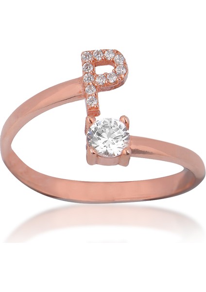 Zirkon Taşlı Pırlanta Montür Rose Altın Kaplama P Harfli Gümüş Yüzük