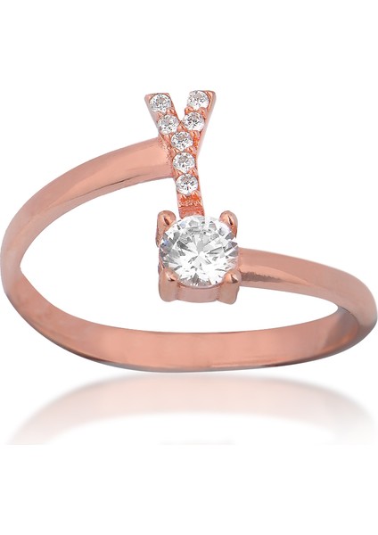 Zirkon Taşlı Pırlanta Montür Rose Altın Kaplama Y Harfli Gümüş Yüzük