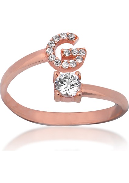 Zirkon Taşlı Pırlanta Montür Rose Altın Kaplama G Harfli Gümüş Yüzük