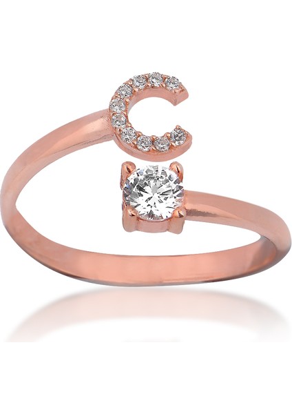 Zirkon Taşlı Pırlanta Montür Rose Altın Kaplama C Harfli Gümüş Yüzük