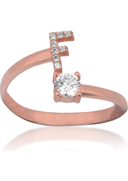 Zirkon Taşlı Pırlanta Montür Rose Altın Kaplama F Harfli Gümüş Yüzük