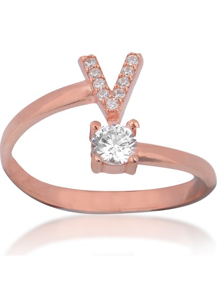 Zirkon Taşlı Pırlanta Montür Rose Altın Kaplama V Harfli Gümüş Yüzük