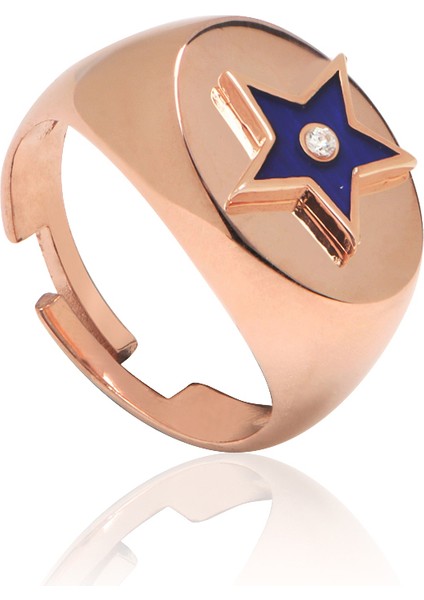 Zirkon Taşlı Pırlanta Montür Rose Altın Kaplama Lacivert Mineli Yıldız Desenli Ayarlanabilir Gümüş Yüzük