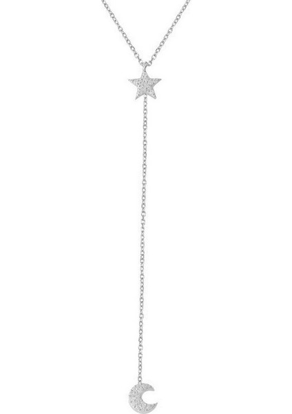 925 Ayar Gümüş Yıldız Obje Zincir Salantı Hilal Beyaz Taşlı Kolye
