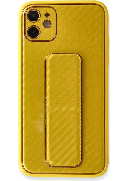Iphone 12 Kılıf Coco Karbon Standlı Kapak - Sarı
