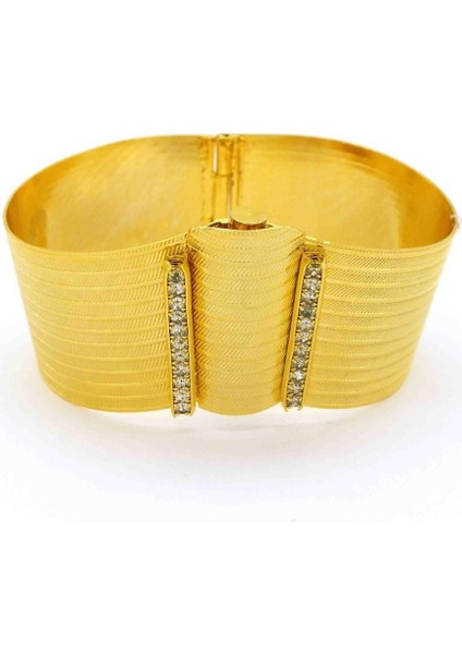 Altın Kaplama Taşlı Trabzon Hasırı Bayan Bilezik Kelepçe-5.1-6.3cm Boy
