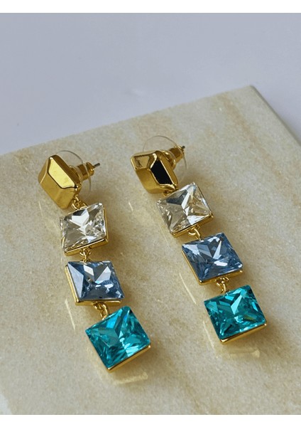 Mavi Tonlarında Üç Kare Şekilli Sallantılı Gold Küpe fiyatları