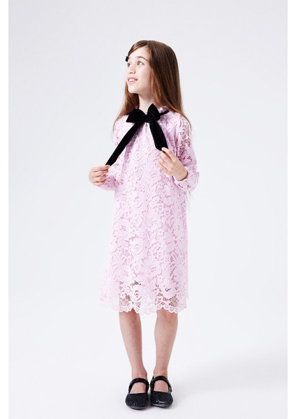 Pembe Güpür Fiyonklu Kız Çocuk Elbise - Bessie