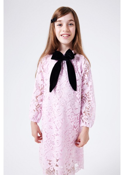 Pembe Güpür Fiyonklu Kız Çocuk Elbise - Bessie