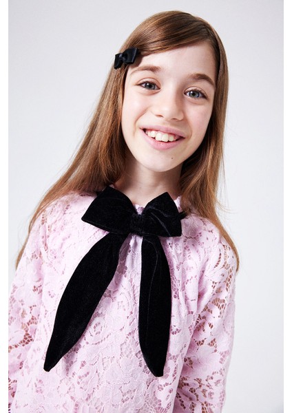 Pembe Güpür Fiyonklu Kız Çocuk Elbise - Bessie