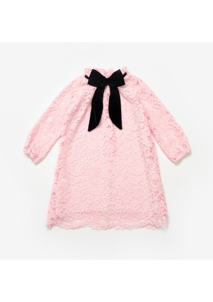 Pembe Güpür Fiyonklu Kız Çocuk Elbise - Bessie