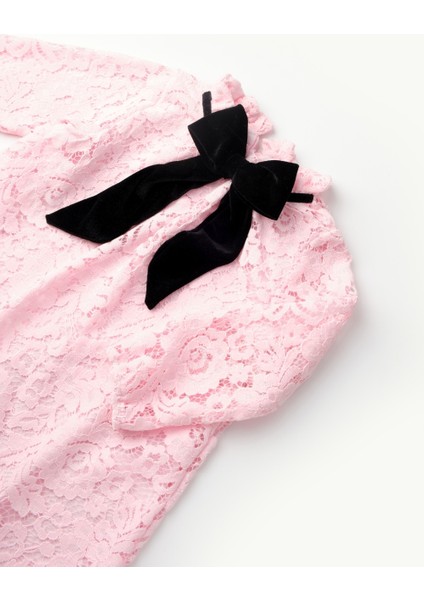 Pembe Güpür Fiyonklu Kız Çocuk Elbise - Bessie
