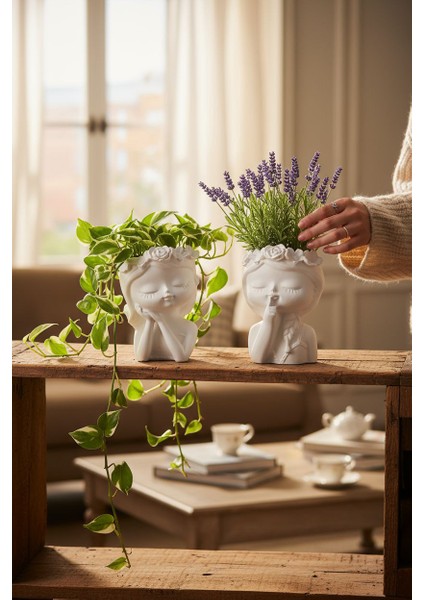 Dekoratif 2'li Yüz Figürlü Saksı Seti – Şık Minimalist Çiçeklik | Ev Ofis Masaüstü Dekorasyonu