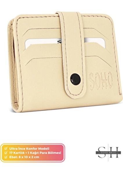 Unisex Mini Cüzdan Krem Renkli Suni Deri Çok Gözlü Kartlık 17 Kartlık 1 Kağıt Para Bölmeli